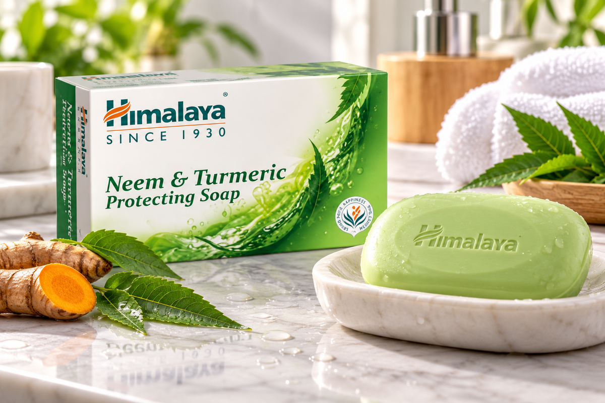 Himalaya Neem and Turmeric Protecting Soap displayed with a pale green soap bar on a white marble soap dish, fresh neem leaves, turmeric roots and a soft white towel in a bright bathroom setting.