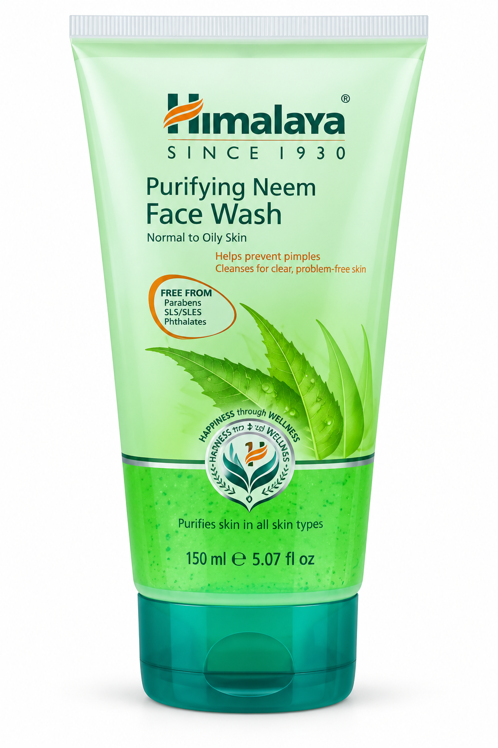 Himalaya Purifying Neem Face Wash Gel 150ml in a light green tube with a dark teal flip-top cap, green neem leaf illustrations, and Himalaya branding, displayed upright against a clean white background.