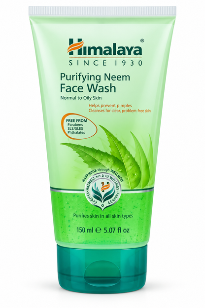 Himalaya Purifying Neem Face Wash Gel 150ml in a light green tube with a dark teal flip-top cap, green neem leaf illustrations, and Himalaya branding, displayed upright against a clean white background.