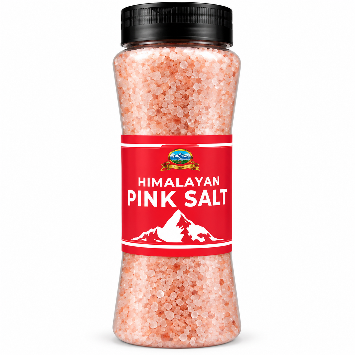 Himalayan Pink Salt Jar 900g in a clear plastic container with a black screw cap and red label, showing coarse pink Himalayan salt crystals through the transparent packaging against a clean white background.