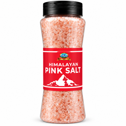 Himalayan Pink Salt Jar 900g in a clear plastic container with a black screw cap and red label, showing coarse pink Himalayan salt crystals through the transparent packaging against a clean white background.