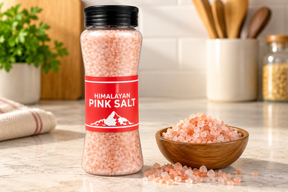 Himalayan Pink Salt Jar 900g displayed on a kitchen countertop beside a wooden bowl filled with coarse pink salt crystals, with a warm, softly blurred kitchen background.