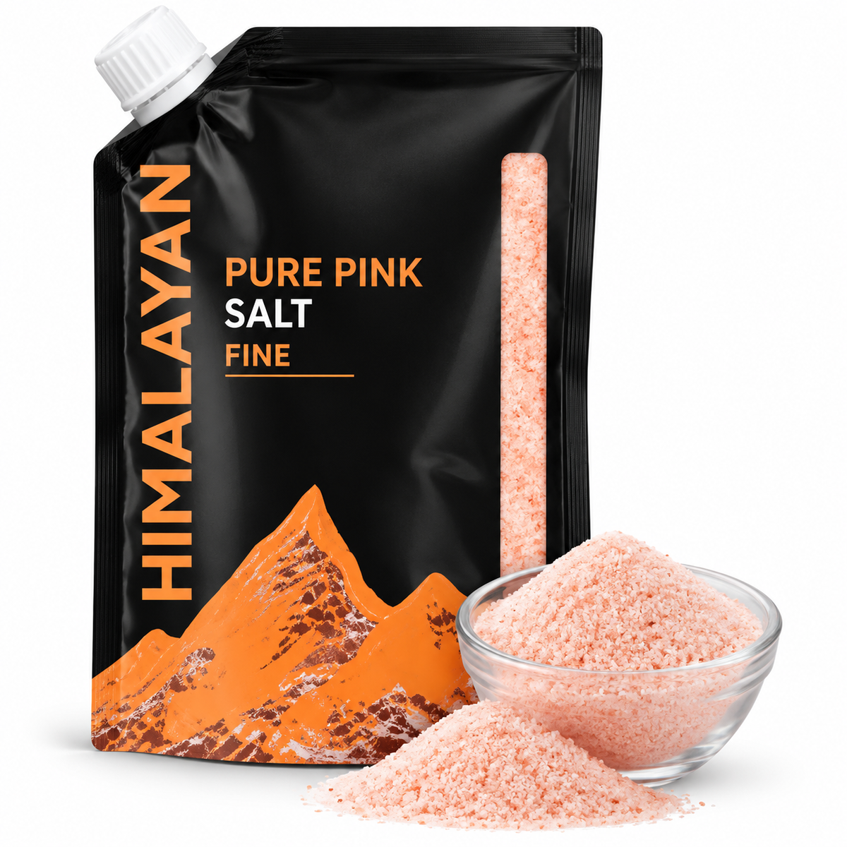 Himalayan Pure Pink Salt Fine 1kg pack in black packaging with a white screw cap, featuring a pink Himalayan salt mountain illustration and a bowl of fine pink salt granules displayed beside the pack on a clean white background. 