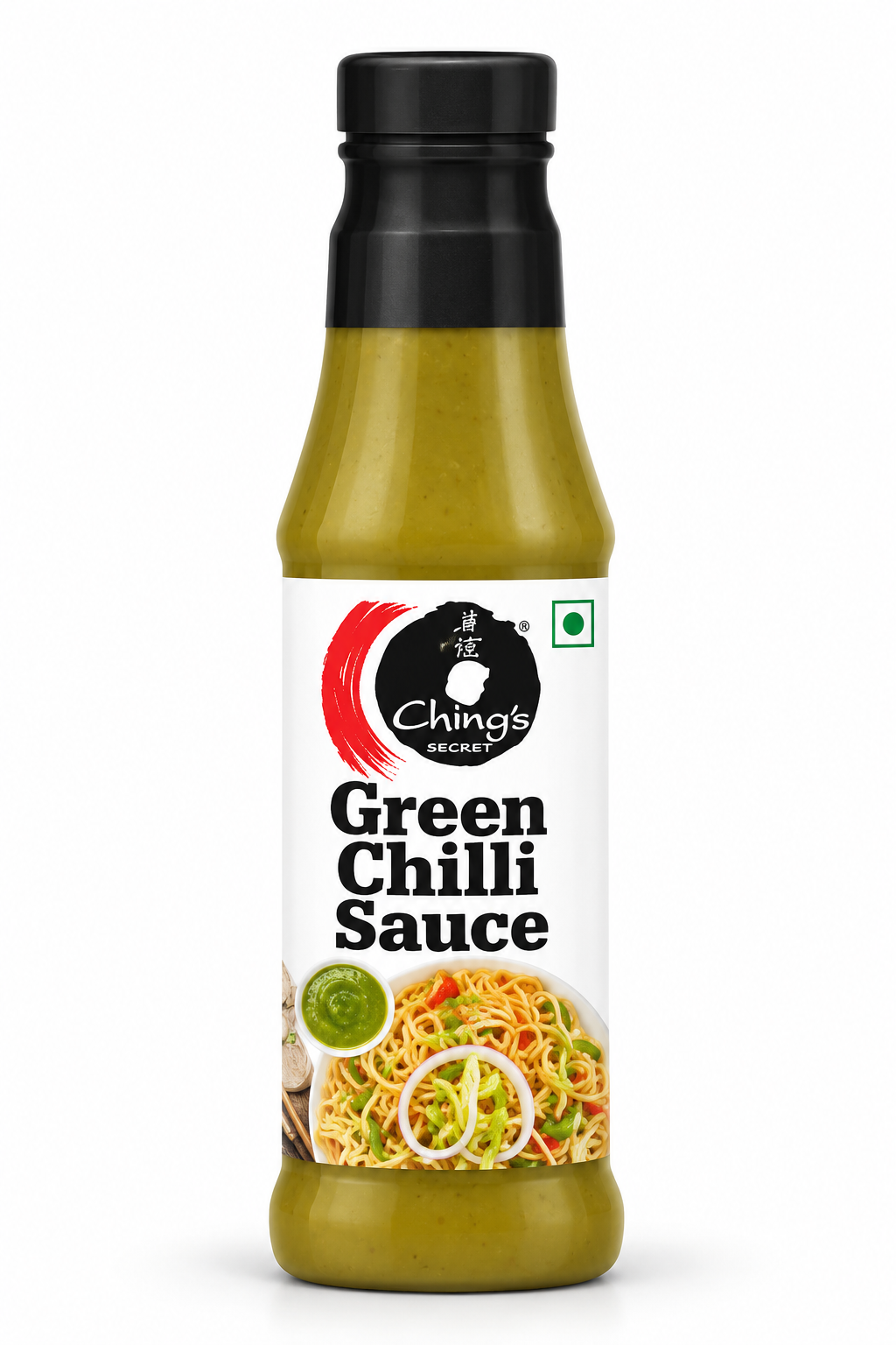 Ching’s Secret Green Chilli Sauce 190g in an olive-green bottle with a black cap, white label, red graphics, Ching’s logo and green chilli sauce branding.