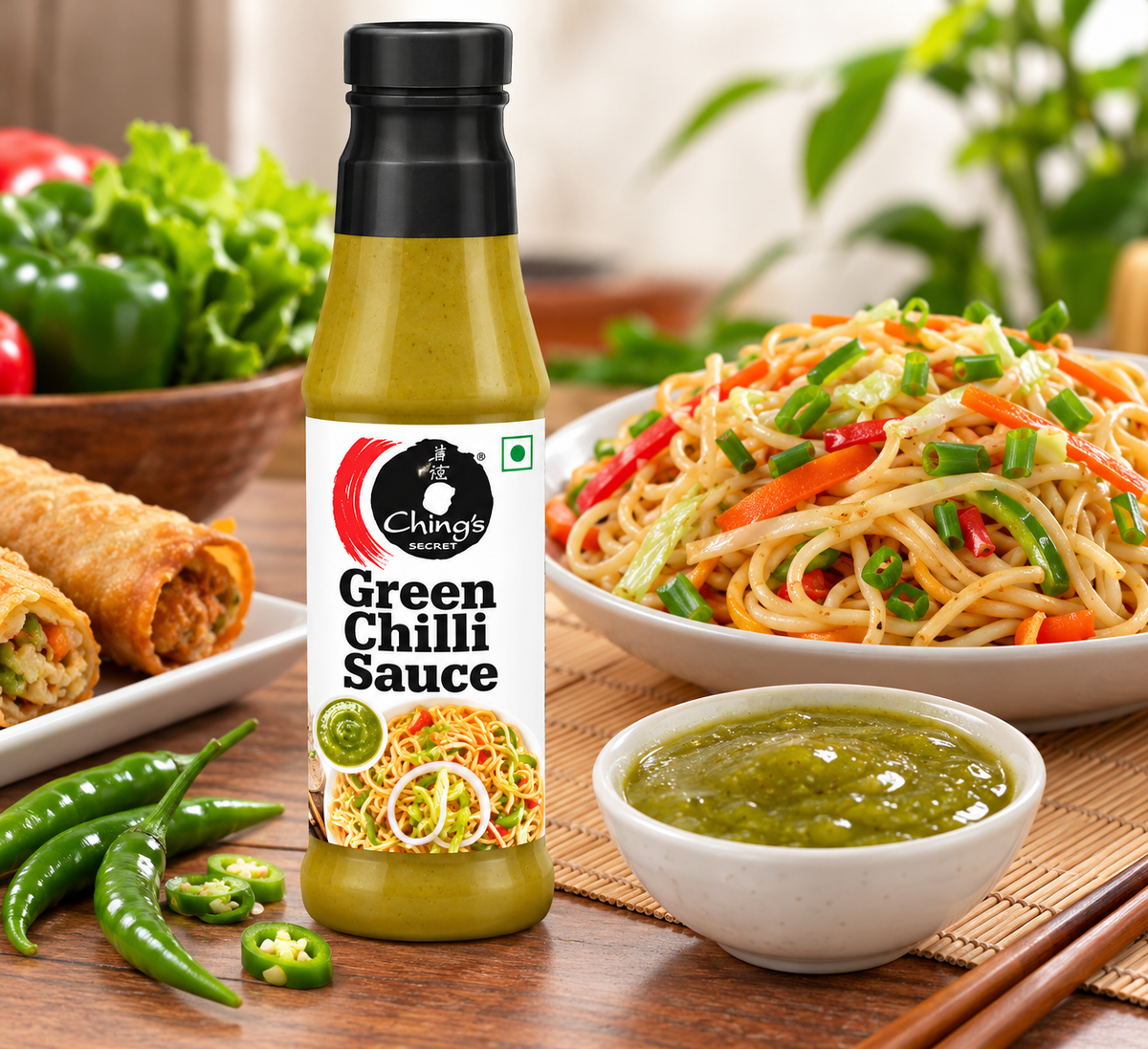 Ching’s Secret Green Chilli Sauce bottle displayed beside a bowl of green chilli sauce and vegetable Hakka noodles, with fresh green chillies, spring onions and garlic on a wooden tabletop.