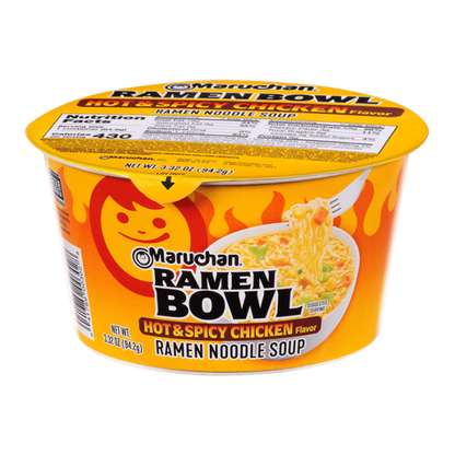 Maruchan Hot & Spicy Chicken Ramen Bowl packaging showing spicy noodles and vegetables