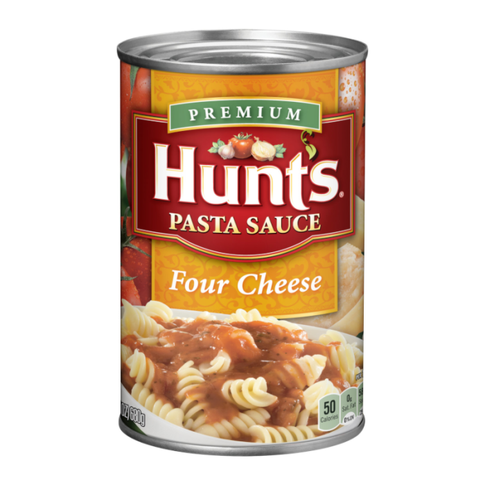 Hunt’s Pasta Sauce Four Cheese  jar showing creamy four-cheese branding
