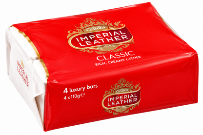 Imperial Leather Classic Soap 4-pack of 110g bars in glossy red packaging with gold branding, decorative crest and white soap wrappers.