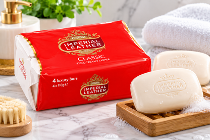 Imperial Leather Classic Soap four-pack displayed in red and gold packaging beside cream-coloured soap bars on a wooden soap dish, with white foam, a soft towel and bathroom accessories.