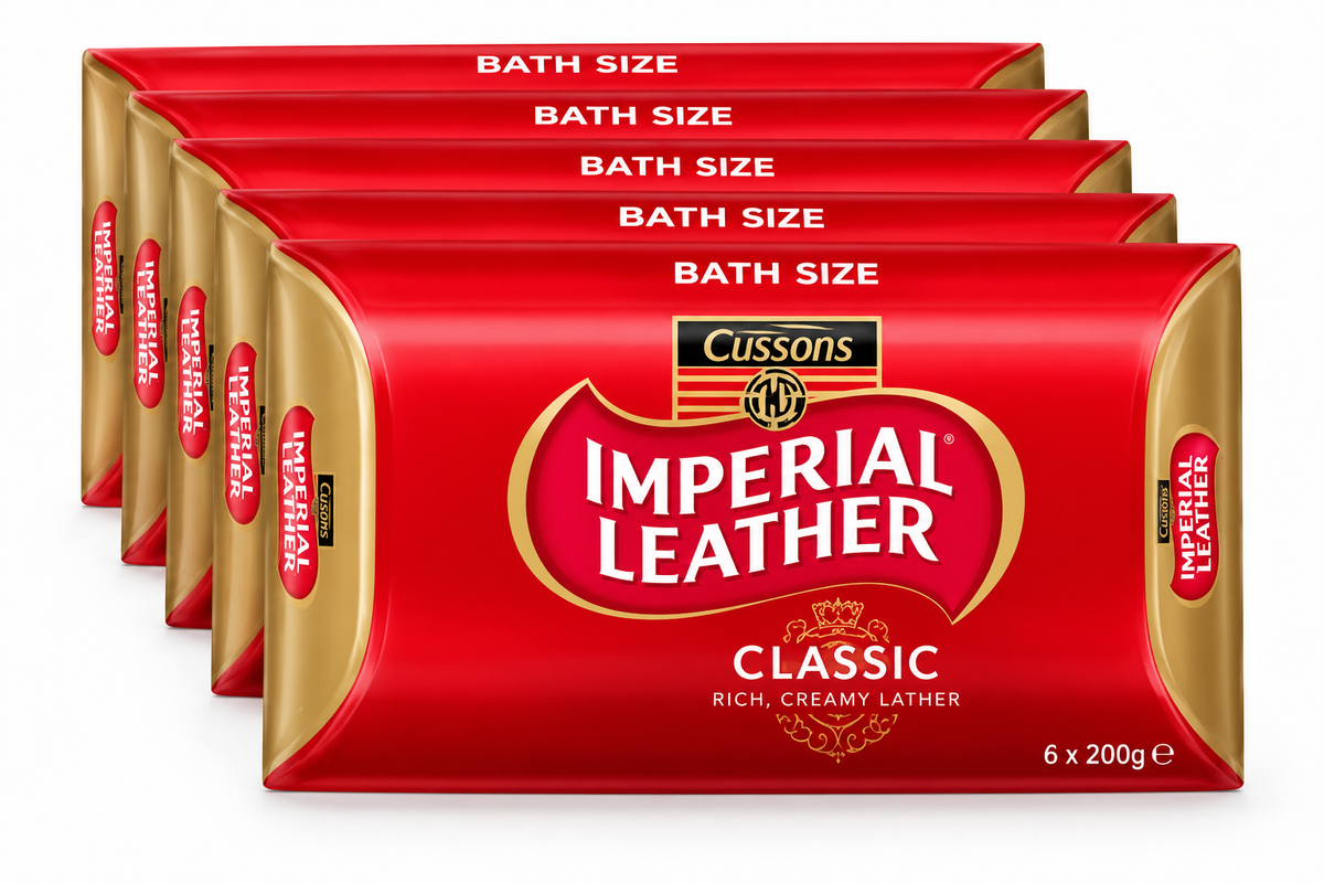 Imperial Leather Classic Bath Size Soap 6-pack with red and gold wrappers, Cussons branding, gold decorative borders and Classic Rich Creamy Lather label.