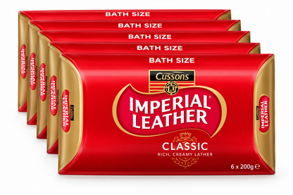 Imperial Leather Classic Bath Size Soap 6-pack with red and gold wrappers, Cussons branding, gold decorative borders and Classic Rich Creamy Lather label.