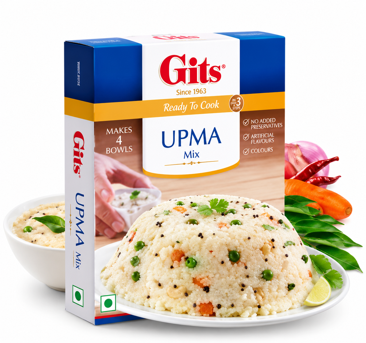 Gits Upma Mix ready-to-cook box displayed on a white background with a plate of prepared upma garnished with green peas, carrots, mustard seeds, coriander, and curry leaves.