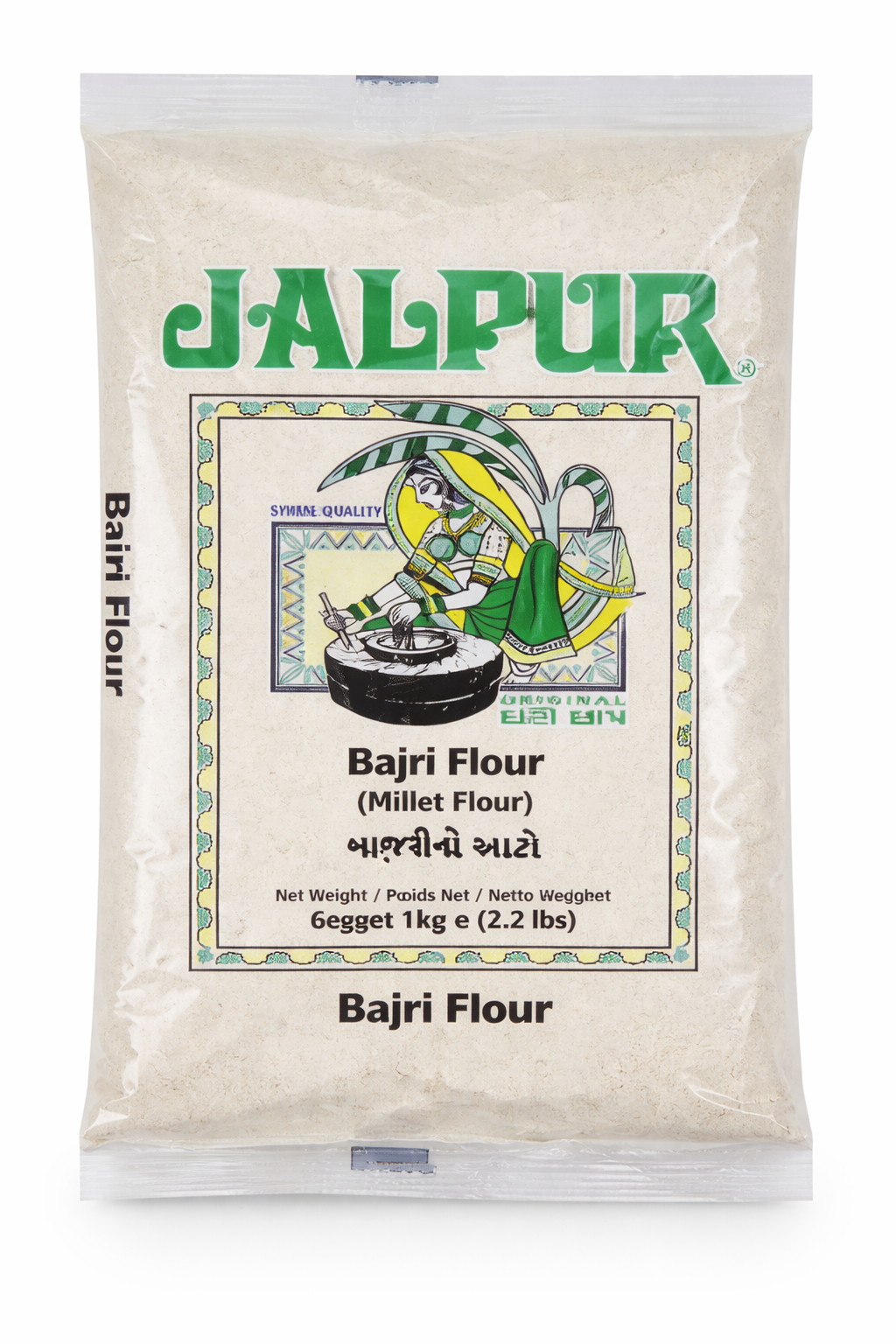 Jalpur Bajri Flour 1kg pack – transparent bag with bold green Jalpur logo and traditional artwork, labeled pearl millet flour.