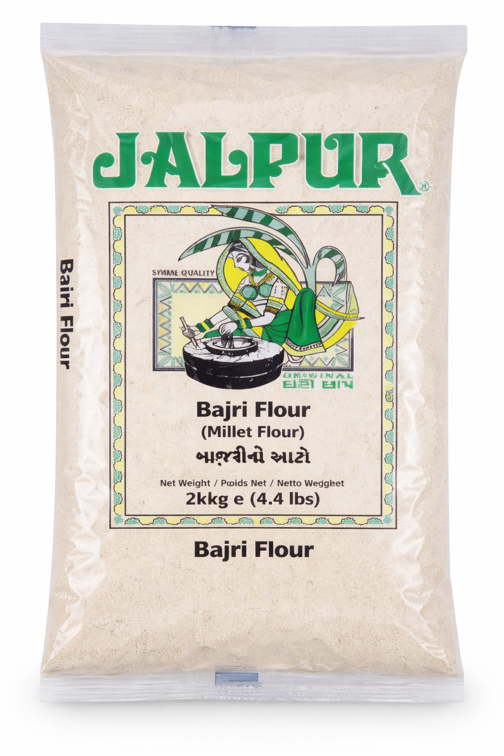 Jalpur Bajri Flour 2kg pack – large clear bag with green Jalpur branding and woman grinding grain illustration, labeled millet flour.