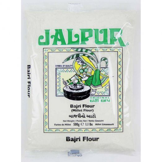 Jalpur Bajri Flour 500g pack – clear plastic bag with green Jalpur branding and traditional illustration, labeled millet flour.
