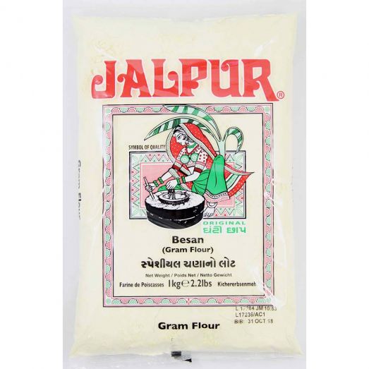 Jalpur Besan Gram Flour 1kg pack – cream coloured bag with red “Jalpur” branding and traditional illustration on the front, labeled “Besan (Gram Flour)”.