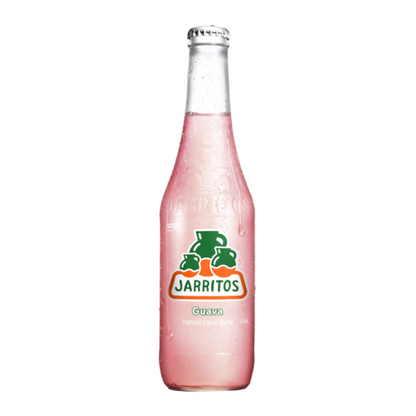Front view of a 12.5 fl oz Jarritos Guava Soda bottle with pink-colored guava drink.