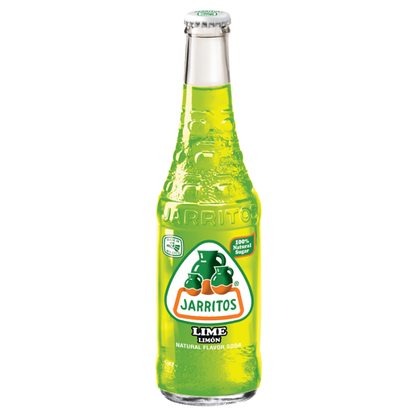 Jarritos Lime Soda in a 12.5 fl oz glass bottle featuring the lime flavor label and vibrant green drink