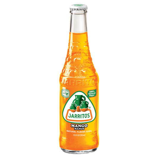 Front view of a 12.5 fl oz Jarritos Mango Soda bottle with bright golden-orange mango soda