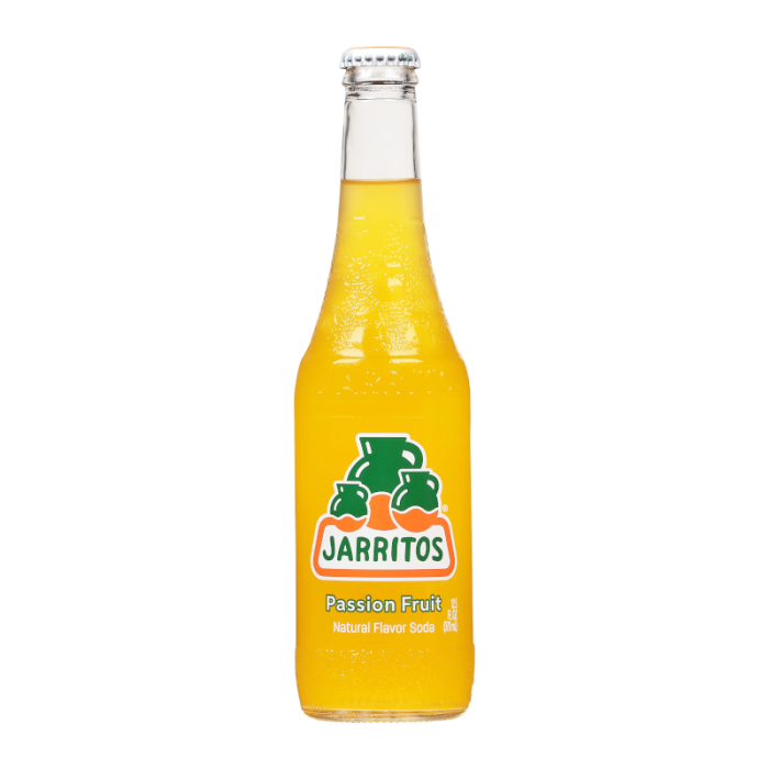 Glass bottle of Jarritos Passion Fruit Soda 12.5 fl. oz 370 ml featuring bright orange-pink beverage and Jarritos logo