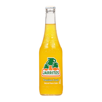 Glass bottle of Jarritos Passion Fruit Soda 12.5 fl. oz 370 ml featuring bright orange-pink beverage and Jarritos logo