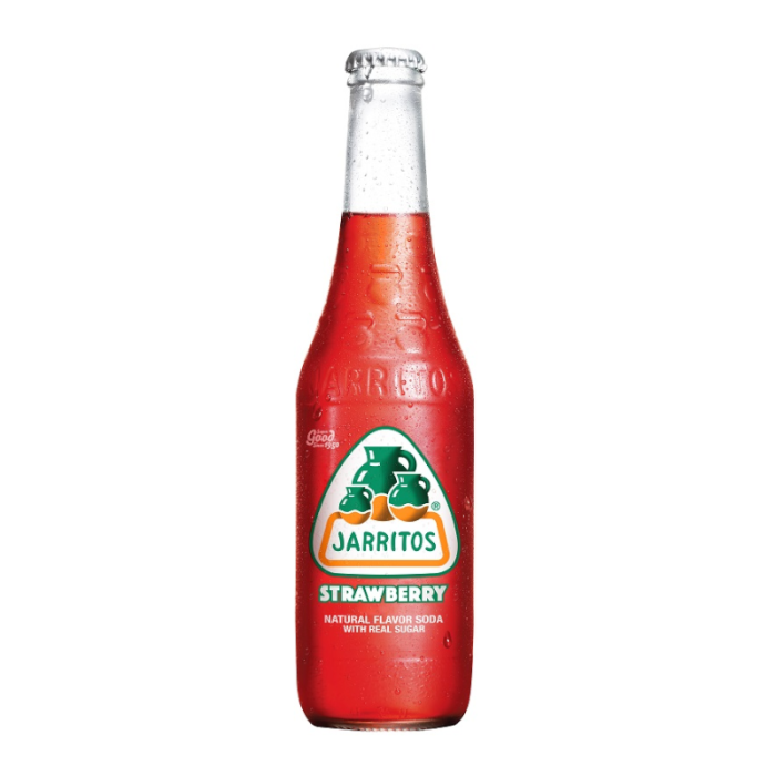 Jarritos Strawberry Soda bottle 12.5 oz 370 g with bright red liquid and colorful label