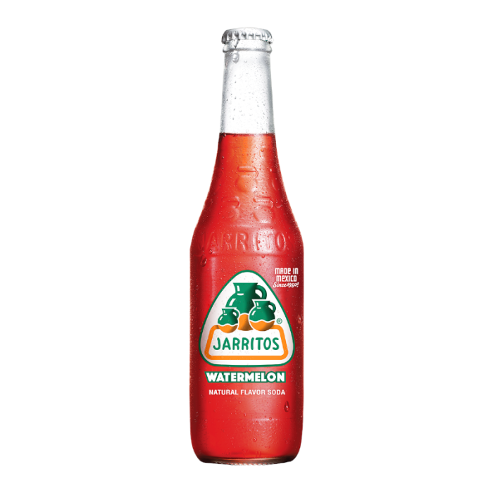 Jarritos Watermelon Soda bottle 12.5 fl. oz 370 ml with bright pink-red liquid and colorful label