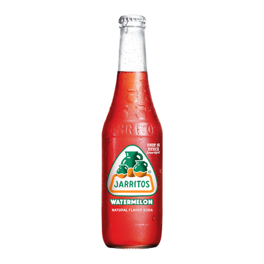 Jarritos Watermelon Soda bottle 12.5 fl. oz 370 ml with bright pink-red liquid and colorful label