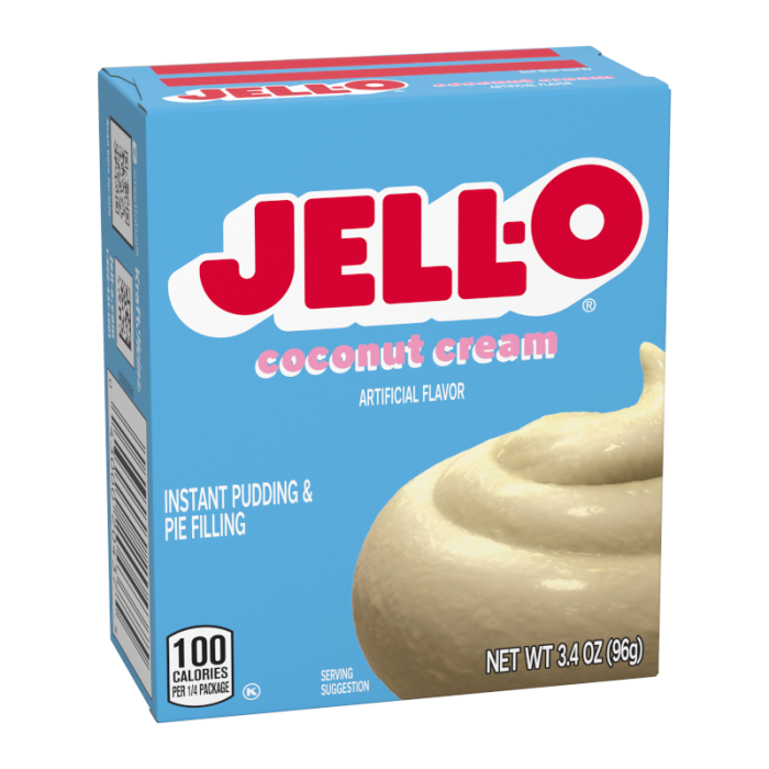 Jell-O Coconut Cream Pudding Mix packaging, 96 g