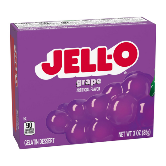Jell-O Grape Gelatin dessert mix packaging, 3 oz