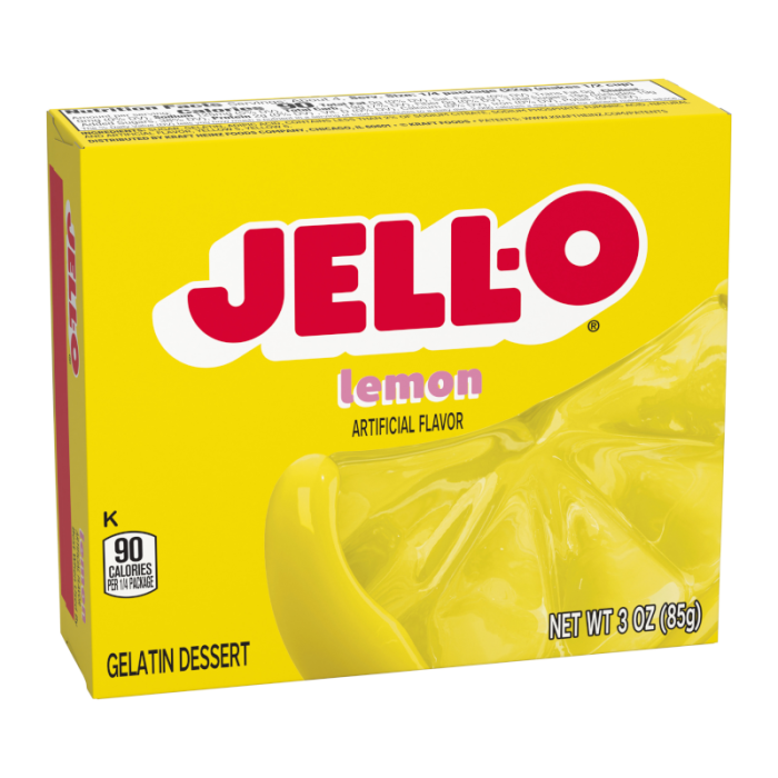 Jell-O Lemon Gelatin dessert mix packaging, 3 oz