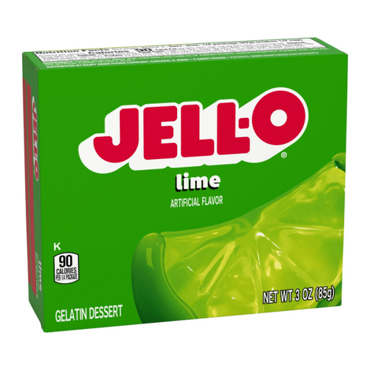 Jell-O Lime Gelatin dessert mix packaging, 3 oz