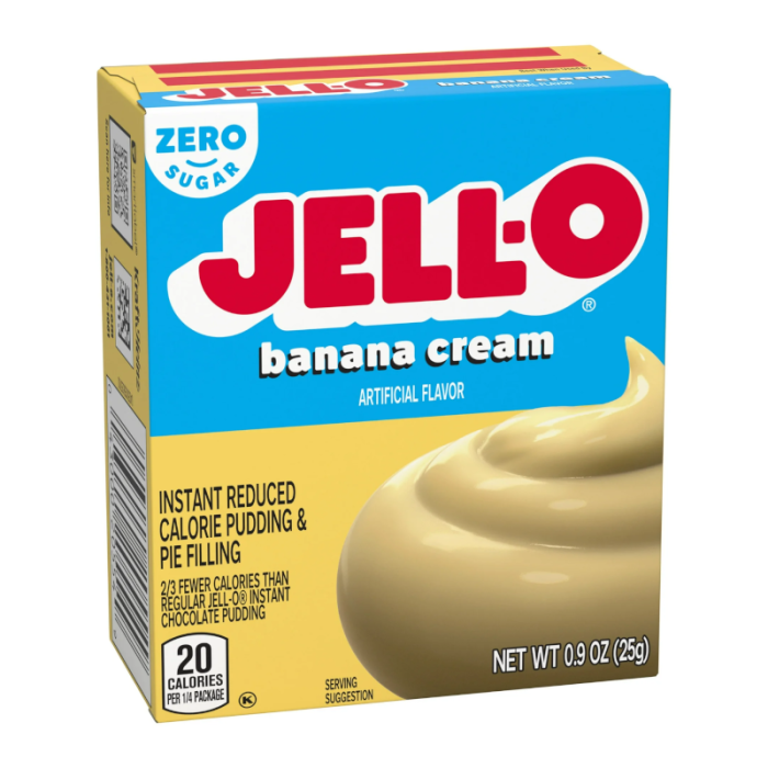 Jell-O Banana Cream Instant Pudding Sugar Free 25 g highlighting smooth, creamy banana flavor without sugar