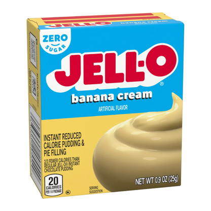 Jell-O Banana Cream Instant Pudding Sugar Free 25 g highlighting smooth, creamy banana flavor without sugar