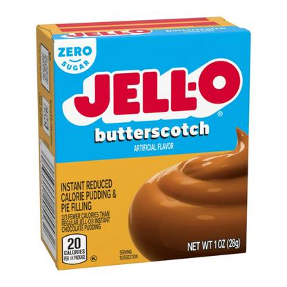 Jell-O sugar-free butterscotch instant pudding dessert mix packaging
