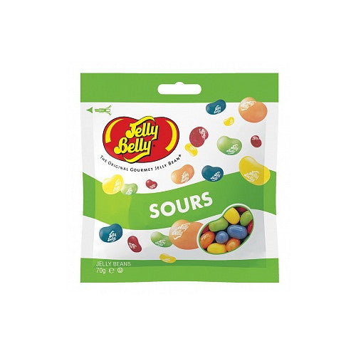 Bag of Jelly Belly Sours jelly beans featuring colorful sour-coated candies in assorted fruit flavors.