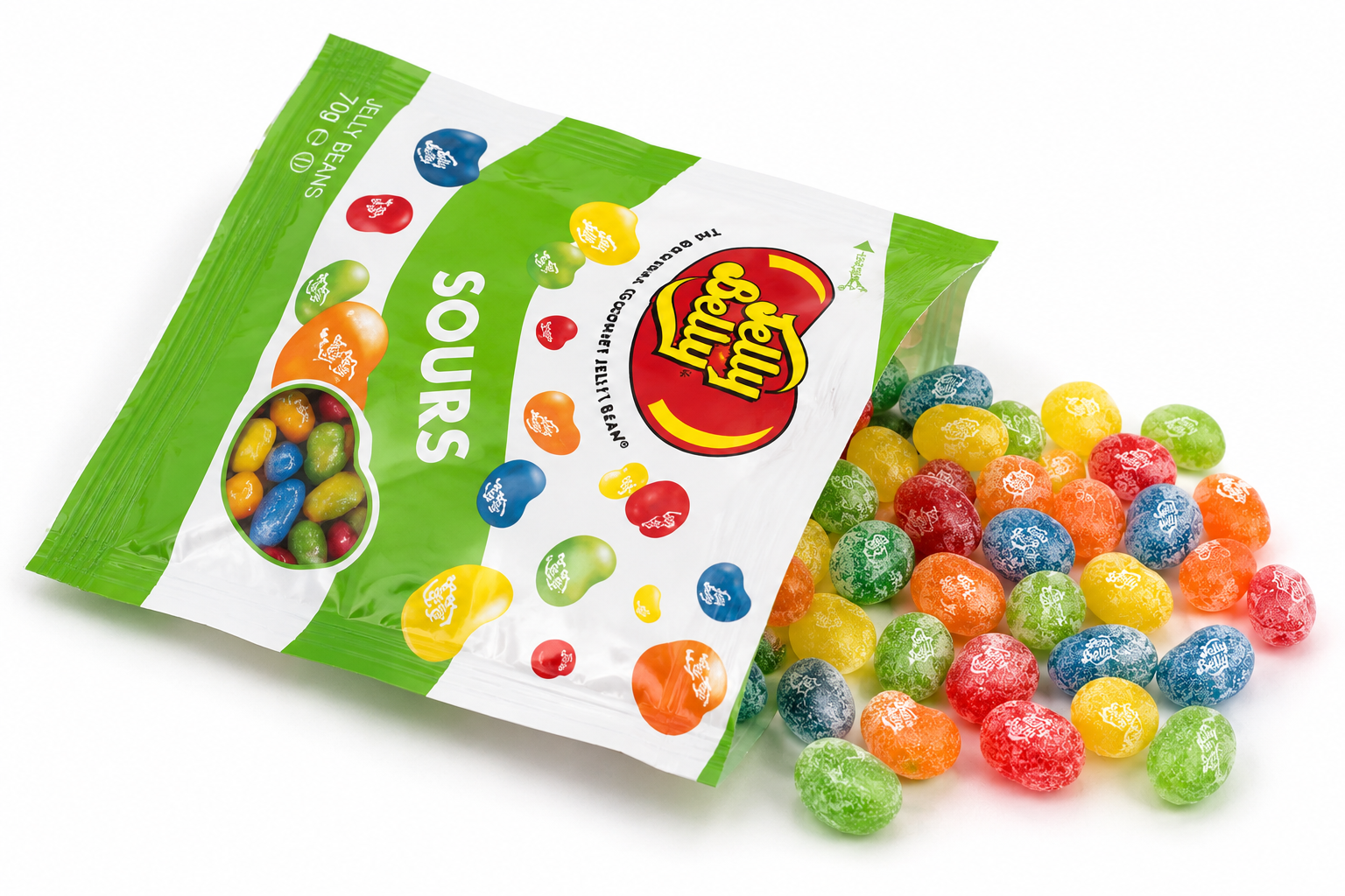 Jelly Belly Sours jelly beans spilling from an opened pouch, featuring colourful sugar-coated gourmet jelly beans.