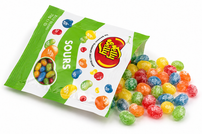 Jelly Belly Sours jelly beans spilling from an opened pouch, featuring colourful sugar-coated gourmet jelly beans.