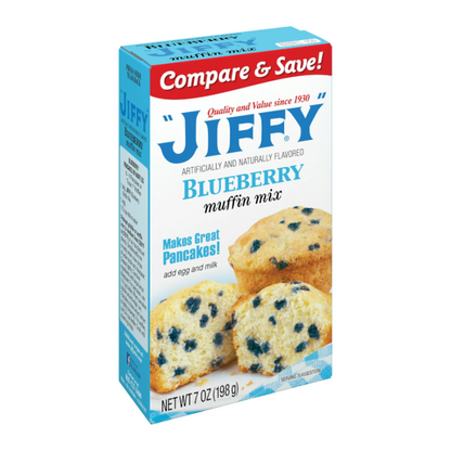 Jiffy Blueberry Muffin Mix 7 oz with image of muffins on packaging