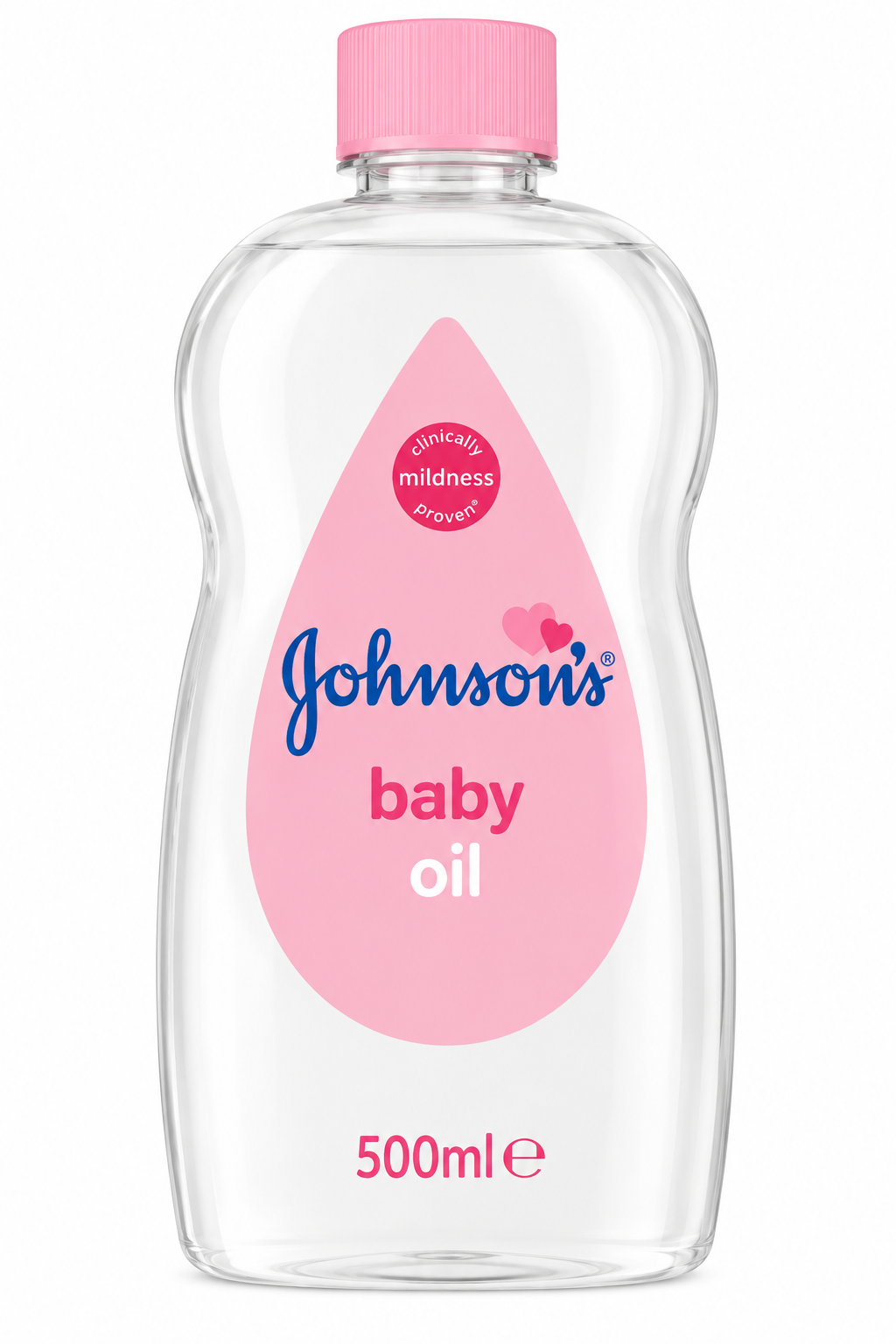 Johnson’s Baby Oil 500ml in a clear, rounded plastic bottle with a pastel pink cap and pink teardrop-shaped label, featuring the blue Johnson’s logo, pink “baby” lettering, white “oil” text, and 500ml marking against a clean white background.
