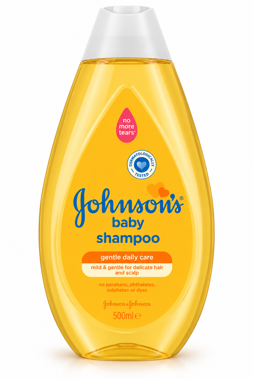 Johnson’s Baby Shampoo 500ml featuring a translucent golden-yellow bottle with a pale white flip-top cap, vibrant yellow-orange packaging, and the iconic Johnson’s Baby logo in blue lettering. The front label displays the pink No More Tears emblem, a dermatologically tested symbol, and gentle daily care messaging for delicate hair and scalp. Presented upright against a clean white background, showcasing Johnson’s baby shampoo for gentle hair cleansing and everyday baby hair-care routines.