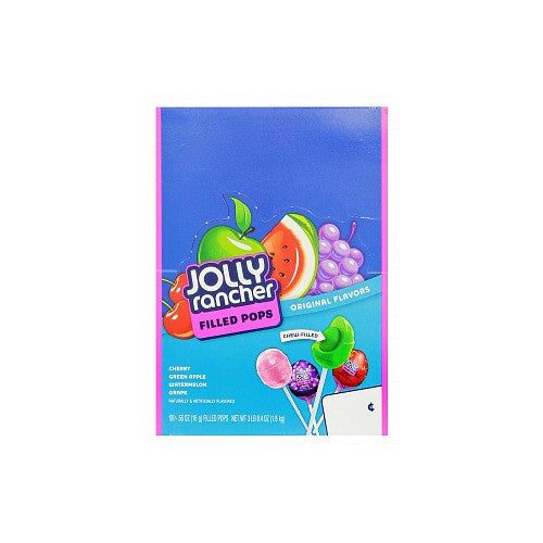 A box of Jolly Rancher Filled Pops 100 x 16g, featuring a variety of fruity flavored lollipops with a tangy candy-filled center, individually wrapped for easy sharing and snacking.