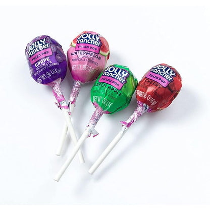 A box of Jolly Rancher Filled Pops 100 x 16g, featuring a variety of fruity flavored lollipops with a tangy candy-filled center, individually wrapped for easy sharing and snacking.