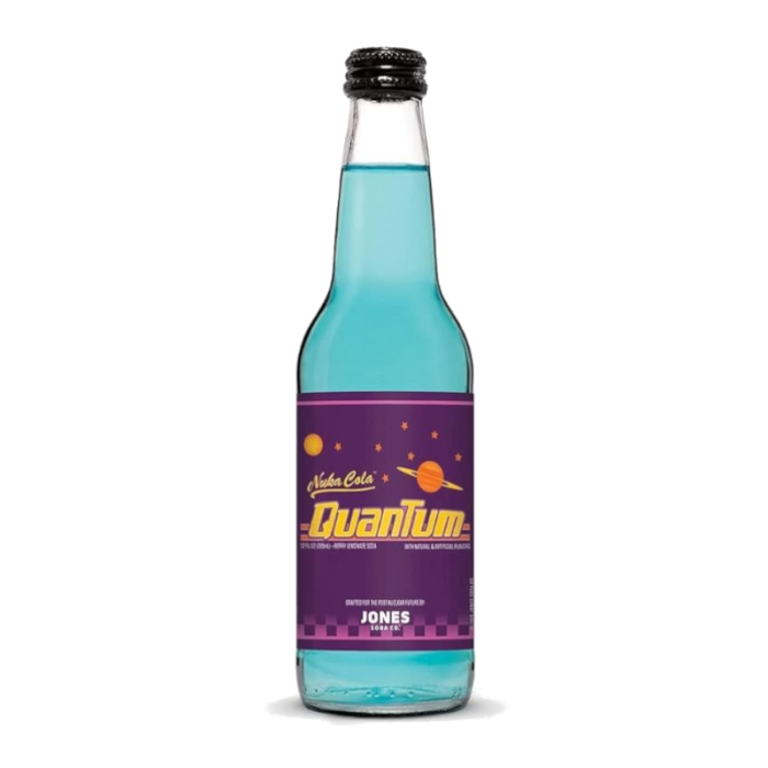 Jones Soda Special Release Nuka-Cola Quantum 355ml bottle – Fallout-inspired soda with vibrant blue color and unique flavor.