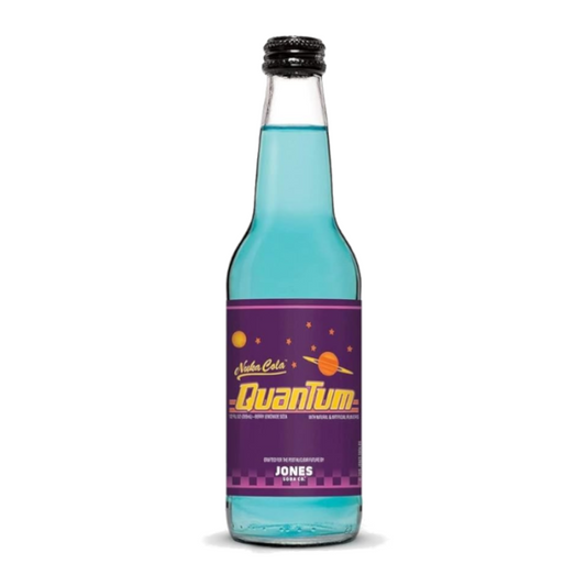 Jones Soda Special Release Nuka-Cola Quantum 355ml bottle – Fallout-inspired soda with vibrant blue color and unique flavor.