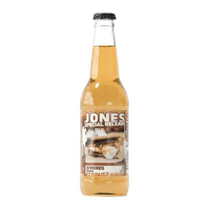 Jones Soda Special Release S’mores Soda bottle, featuring a label with imagery of marshmallows, graham crackers, and chocolate, evoking the classic campfire treat.