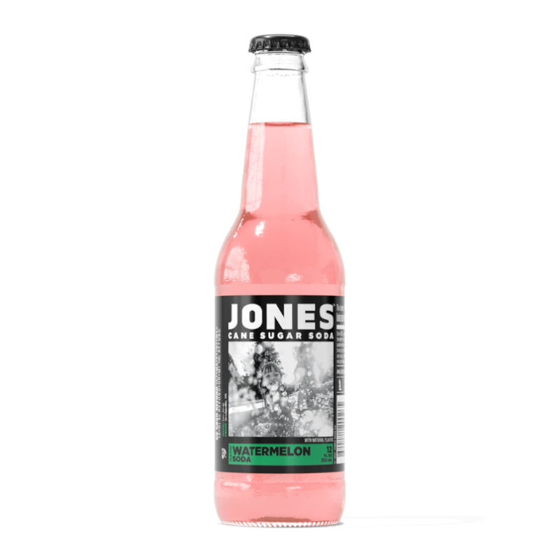Jones Soda Watermelon refreshing craft soda in a 355ml glass bottle with a watermelon-themed label.