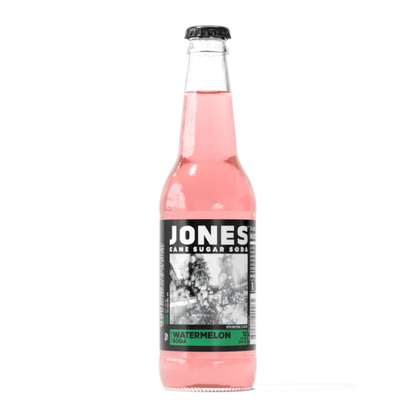 Jones Soda Watermelon refreshing craft soda in a 355ml glass bottle with a watermelon-themed label.