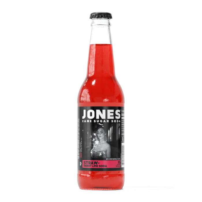 Jones Soda Strawberry Lime bottle, with a label featuring vibrant strawberry and lime imagery, showcasing a refreshing and fruity drink.