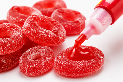 Juicy Drop Strawberry gummy rings with sour gel dispenser applying tangy gel to a sugar-coated gummy.
